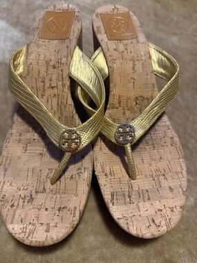 Tory Burch Gold Metallic Cork Wedge Thong Sandals with Logo Medallion